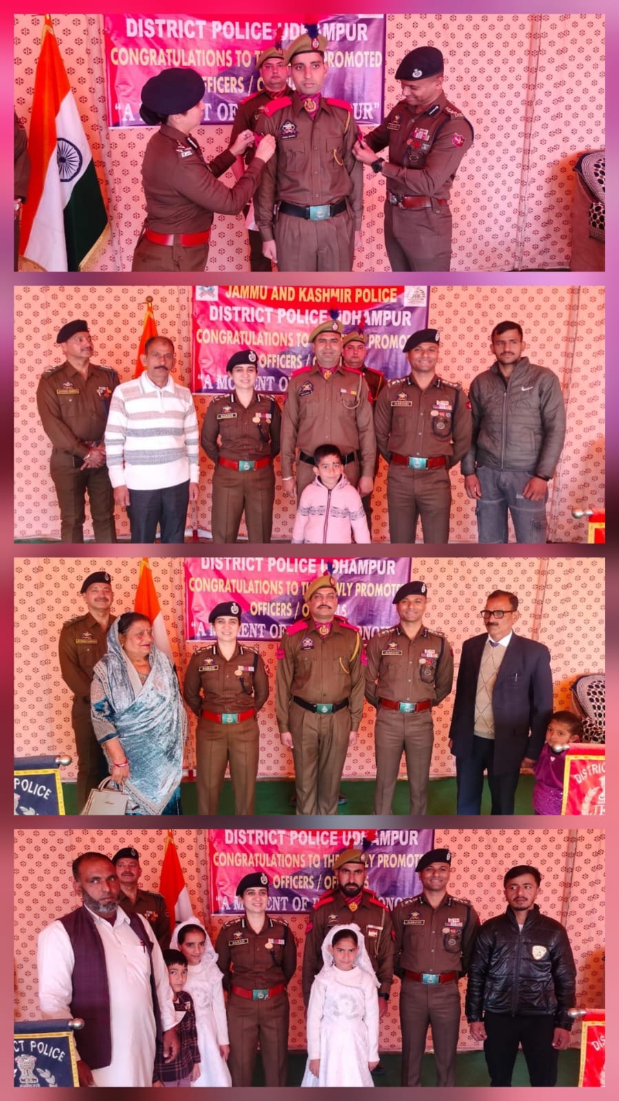 #PeopleFirst #UdhampurPolice  डीआईजी उधमपुर–रियासी रेंज एवं एसएसपी उधमपुर द्वारा नवपदोन्नत चयन ग्रेड कांस्टेबलों को अलंकृत किया गया  उधमपुर  डीआईजी उधमपुर–रियासी रेंज सुश्री सारा रिज़वी, आईपीएस, ने एसएसपी उधमपुर श्री अमोद अशोक नागपुरे, आईपीएस, के साथ आज जिला पुलिस लाइन्स (डीपीएल), उधमपुर में आयोजित एक पिपिंग समारोह के दौरान जम्मू-कश्मीर पुलिस उधमपुर के नवपदोन्नत चयन ग्रेड कांस्टेबलों (एसजीसीटी) को उनके नए रैंक से अलंकृत किया।  इस अवसर पर कुल 18 पुलिस कर्मियों को कांस्टेबल से चयन ग्रेड कांस्टेबल के पद पर पदोन्नत किया गया और समारोह के दौरान उन्हें औपचारिक रूप से उनके नए रैंक प्रदान किए गए। पिपिंग समारोह में जिला पुलिस उधमपुर के वरिष्ठ अधिकारी एवं अन्य पुलिस अधिकारी/कर्मचारी उपस्थित रहे।  नवपदोन्नत अधिकारियों एवं उनके परिवारजनों को बधाई देते हुए डीआईजी उधमपुर–रियासी रेंज तथा एसएसपी उधमपुर ने विश्वास व्यक्त किया कि पदोन्नत कर्मी आगे भी जनता की सेवा में बढ़ी हुई जिम्मेदारी, समर्पण, अनुशासन और पेशेवर दक्षता के साथ अपने कर्तव्यों का निर्वहन करते रहेंगे।