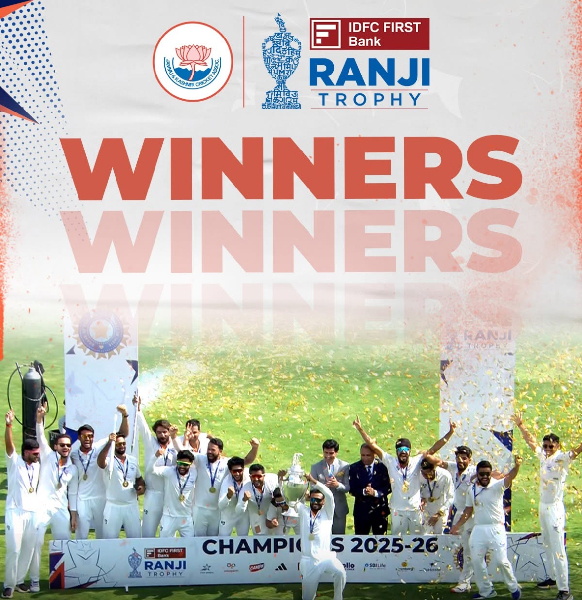 जम्मू एवं कश्मीर को #रणजी ट्रॉफी 2025-26 का खिताब जीतने पर हार्दिक बधाई 👏  यह ऐतिहासिक उपलब्धि खिलाड़ियों की कड़ी मेहनत, समर्पण और अद्भुत टीम भावना का प्रतीक है। पूरे टूर्नामेंट के दौरान टीम ने शानदार प्रदर्शन करते हुए अनुशासन, धैर्य और उत्कृष्ट खेल कौशल का परिचय दिया।  यह जीत न केवल खिलाड़ियों और कोचिंग स्टाफ के अथक प्रयासों का परिणाम है, बल्कि जम्मू-कश्मीर के खेल प्रेमियों के लिए भी गर्व का क्षण है।  हम कामना करते हैं कि टीम भविष्य में भी इसी जोश और जज़्बे के साथ नई ऊंचाइयों को छूती रहे।